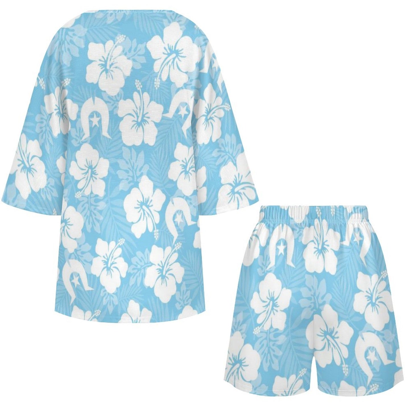 White Hibiscus and Dhari (blue) on Mediterranean Style V-Neck Suit