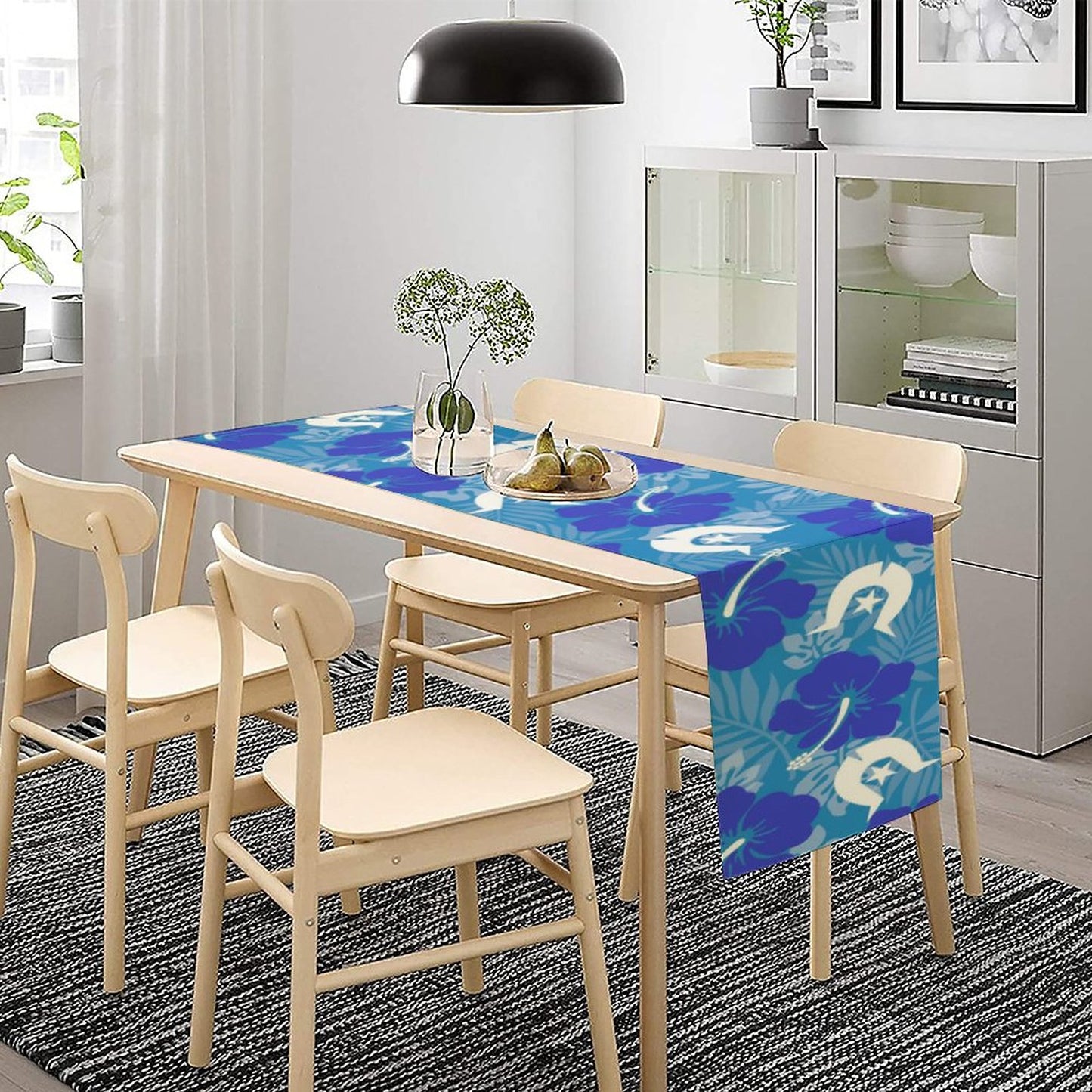 Hibiscus flowers with Dhari (Royal blue) on Flax Table Runner
