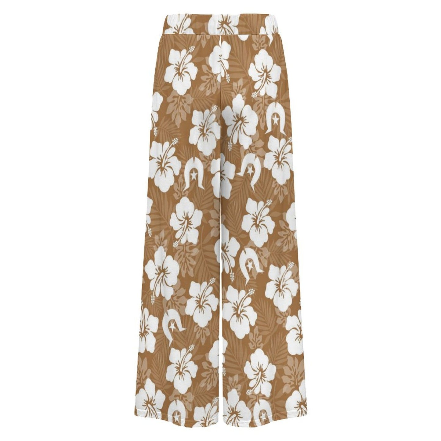White Hibiscus flowers with Dhari (Brown) on Women’s Wide-Leg Pants