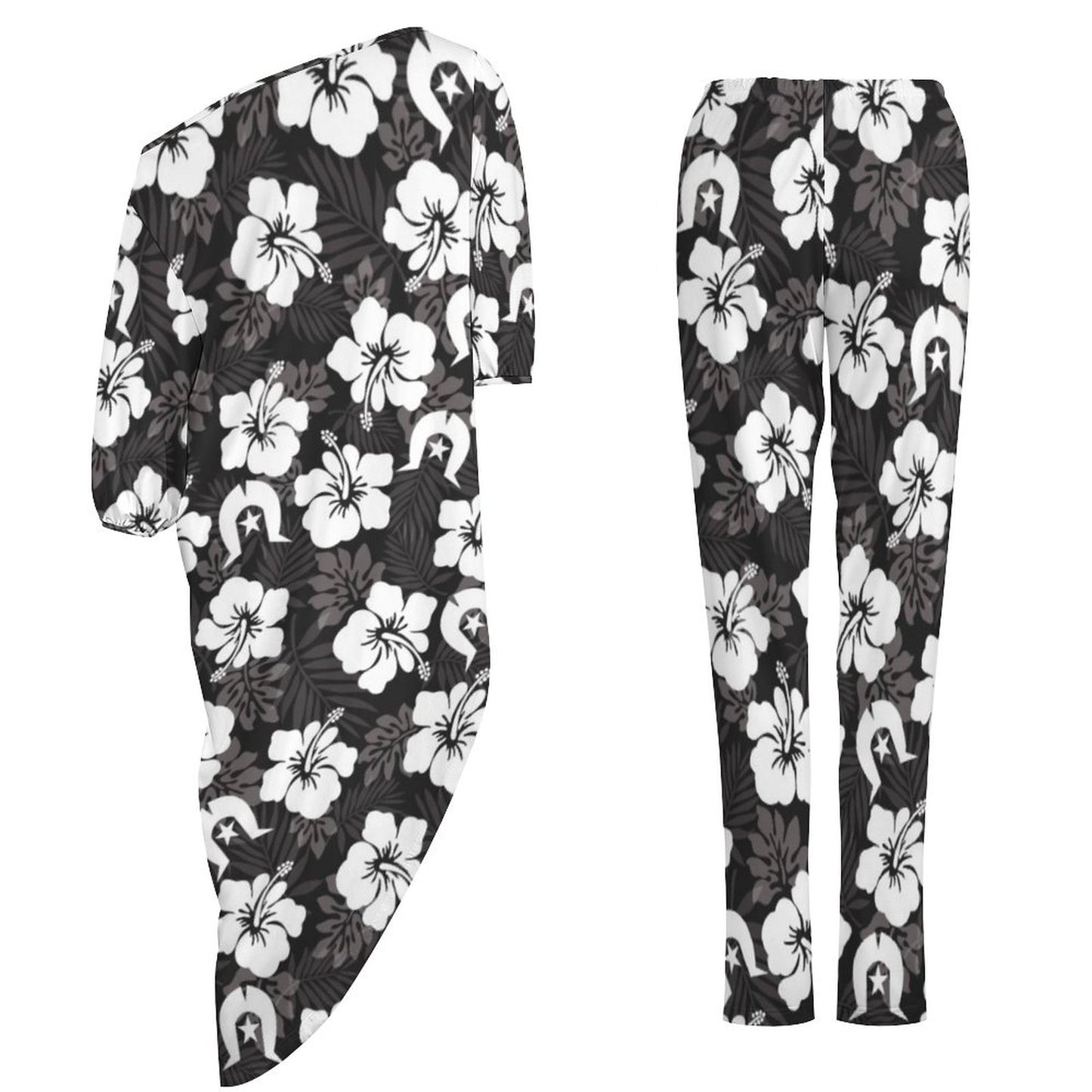 White Hibiscus and Dhari (Black) on Diagonal Shoulder Two Piece Set
