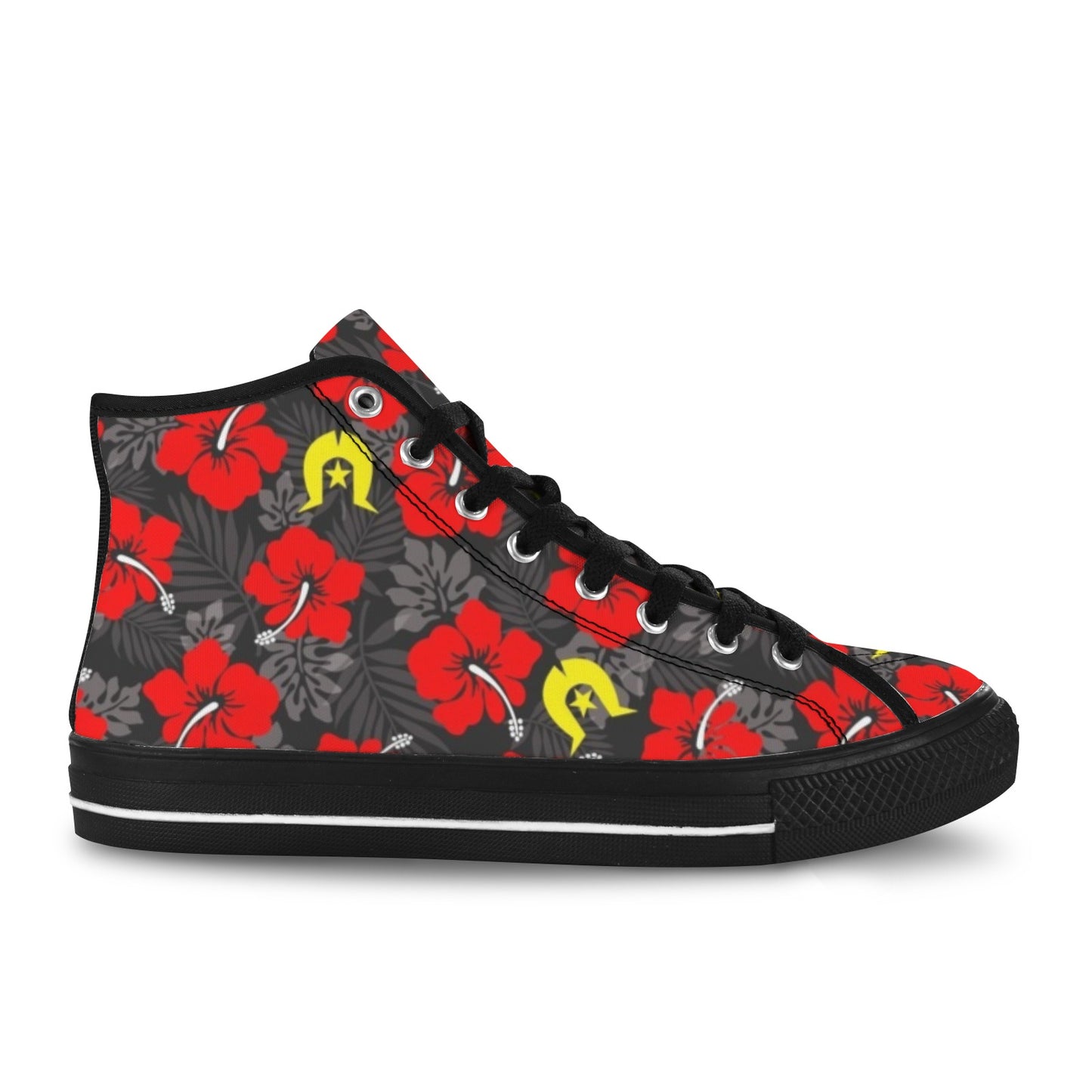 Royal Red Hibiscus with Yellow Dhari on Vancouver High Top Canvas Men's Shoes