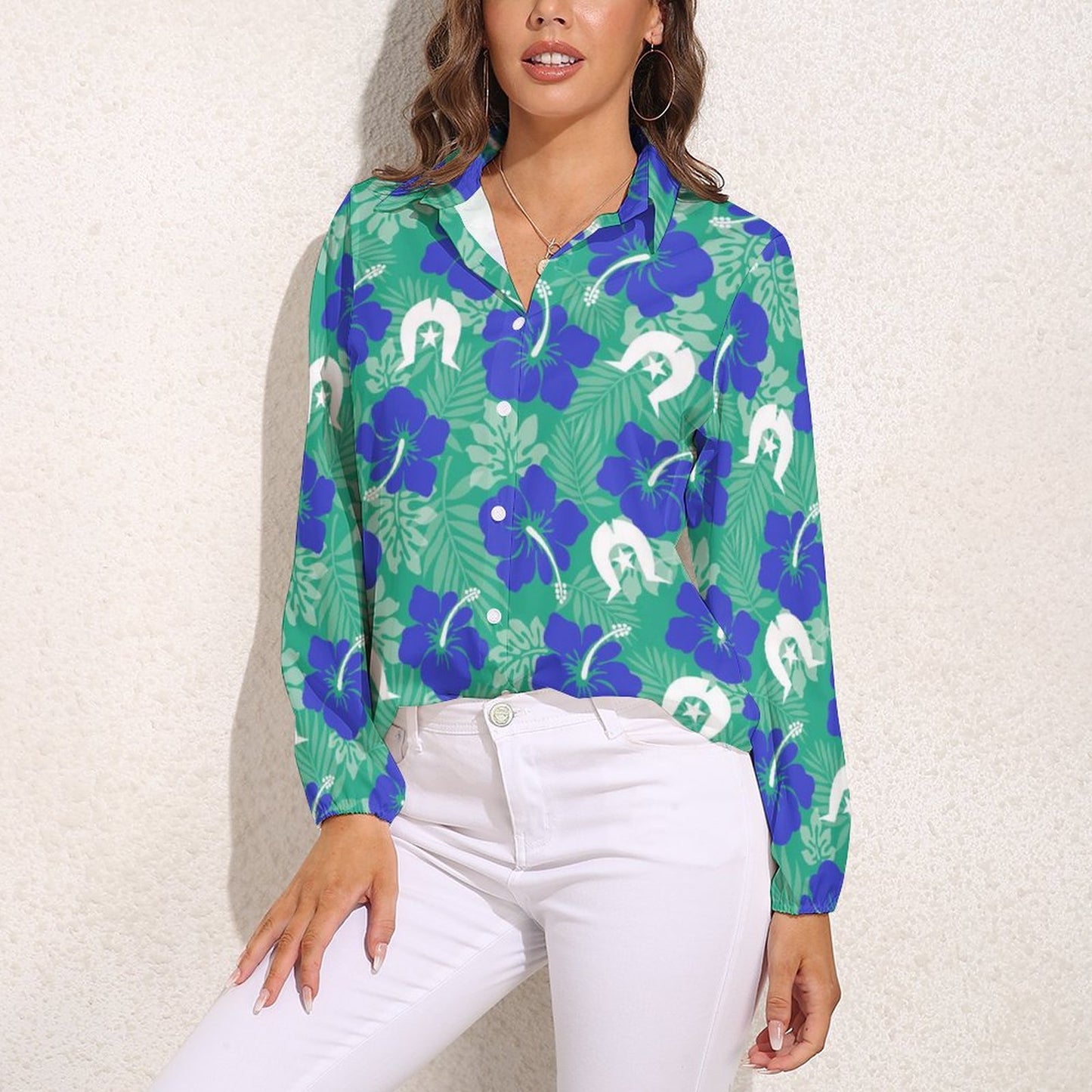 Royal Blue Hibiscus flowers with Dhari on Casual Long Sleeve Vintage Tour Shirt