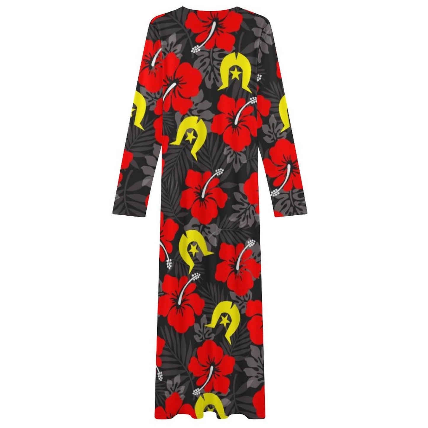 Royal Red Hibiscus with Yellow Dhari on  Long-Sleeve Draped Bodycon Dress
