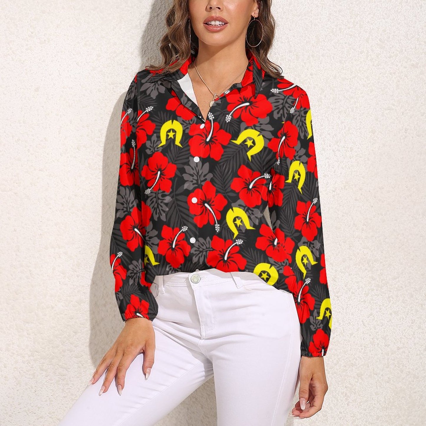 Royal Red Hibiscus with Yellow Dhari on Casual Long Sleeve Vintage Tour Shirt