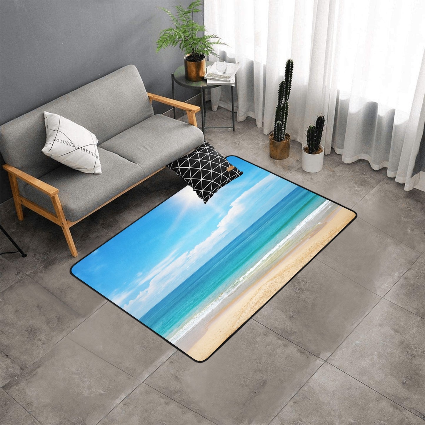 Beautiful seascape and sun on blue sky background on Area rug with Black Binding 5'3''x4'