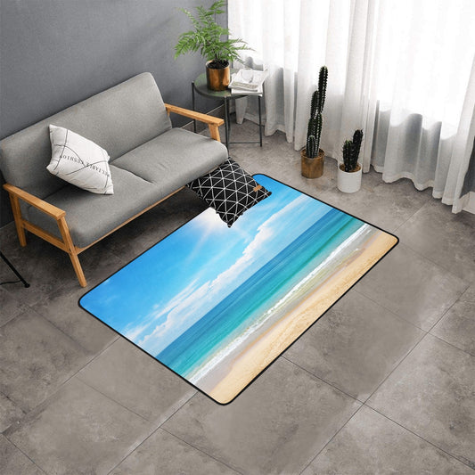 Beautiful seascape and sun on blue sky background on Area rug with Black Binding 5'3''x4'
