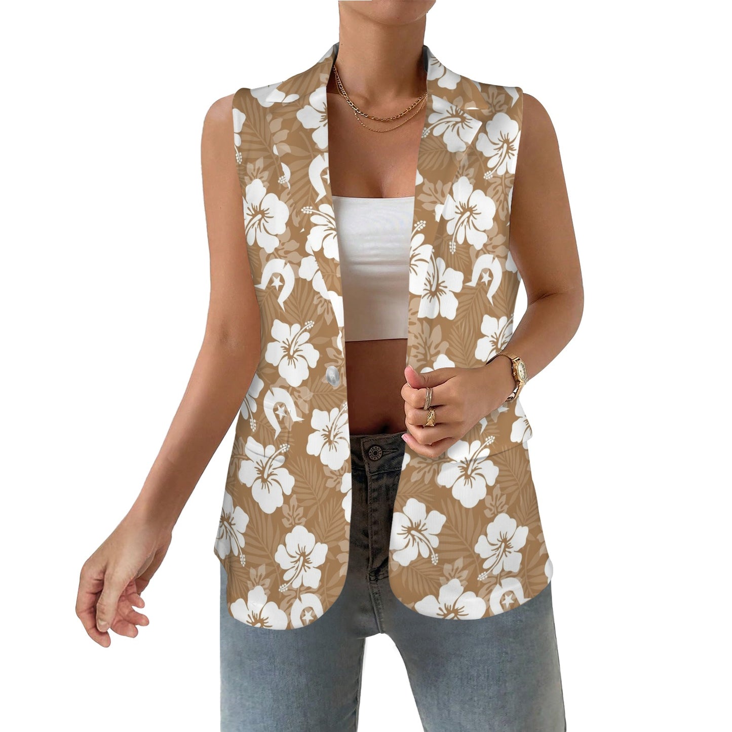 White Hibiscus flowers with Dhari (Brown) on Women Sleeveless Suit Vest