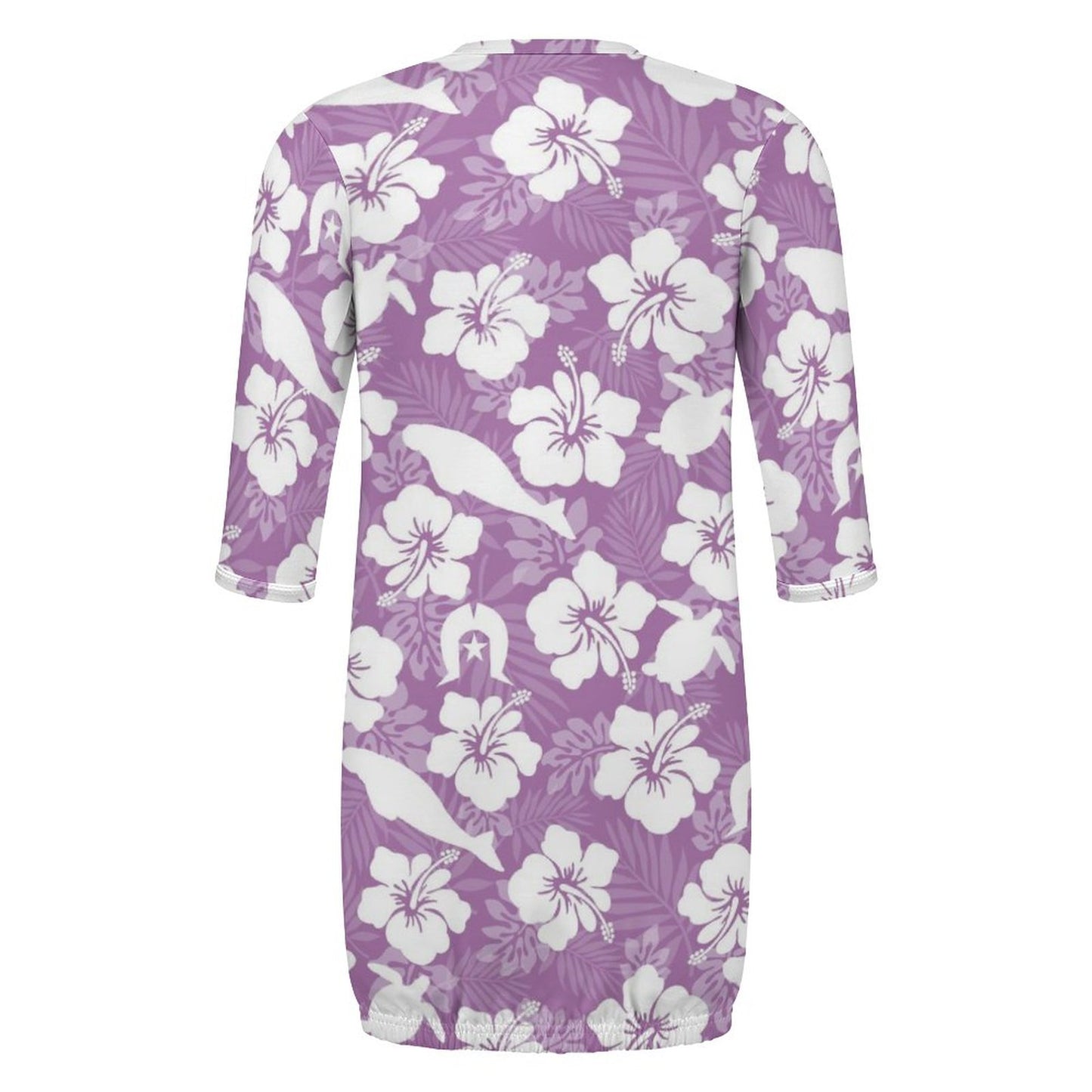 White Hibiscus flowers with Dugong, Turtle and Dhari on  Baby Faux Cotton Sleeper Gown
