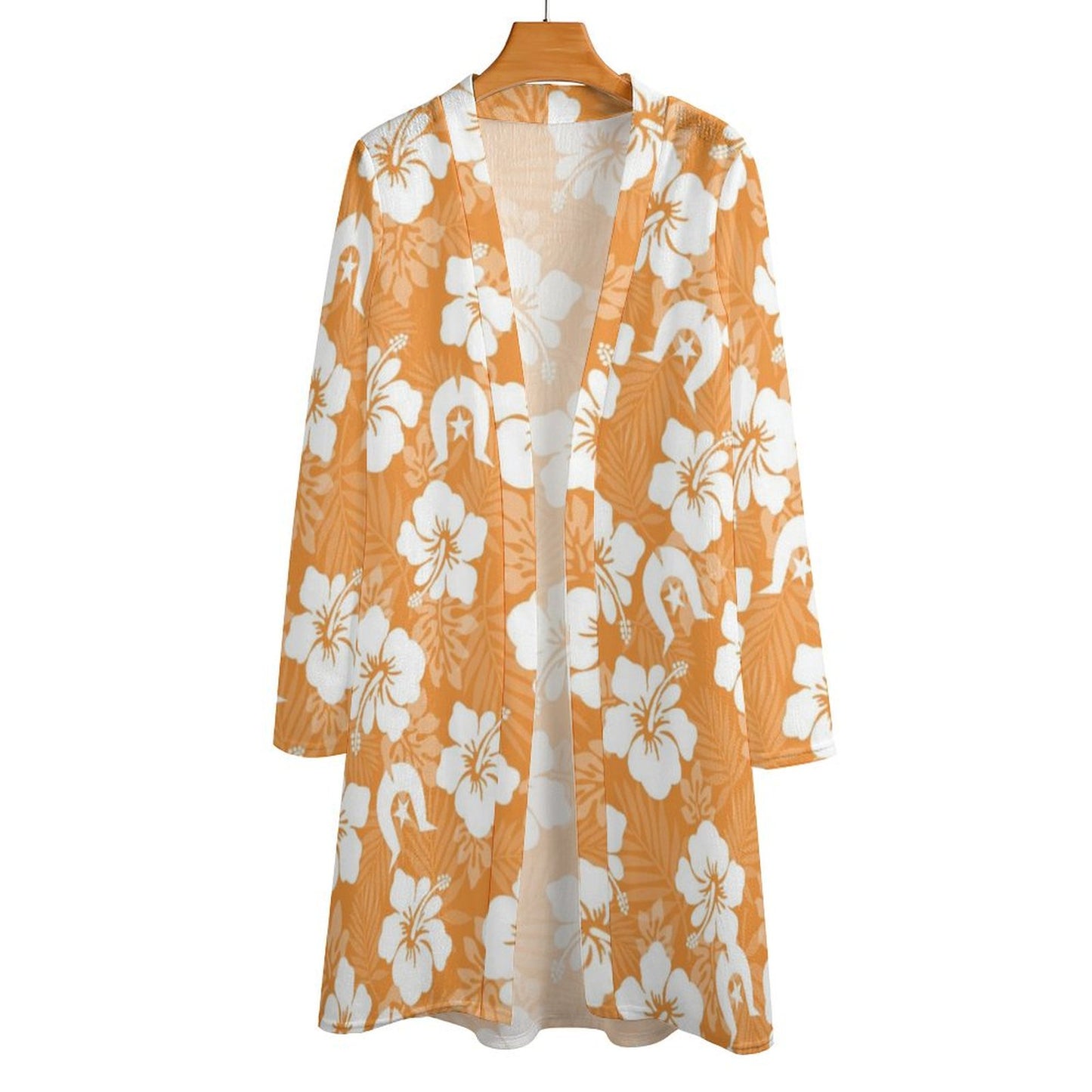 White Hibiscus flowers with Dhari (Orange) on Women's Mid-length Cardigan