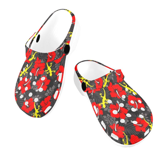 Royal Red Hibiscus flowers with Gecko on Kids Clogs