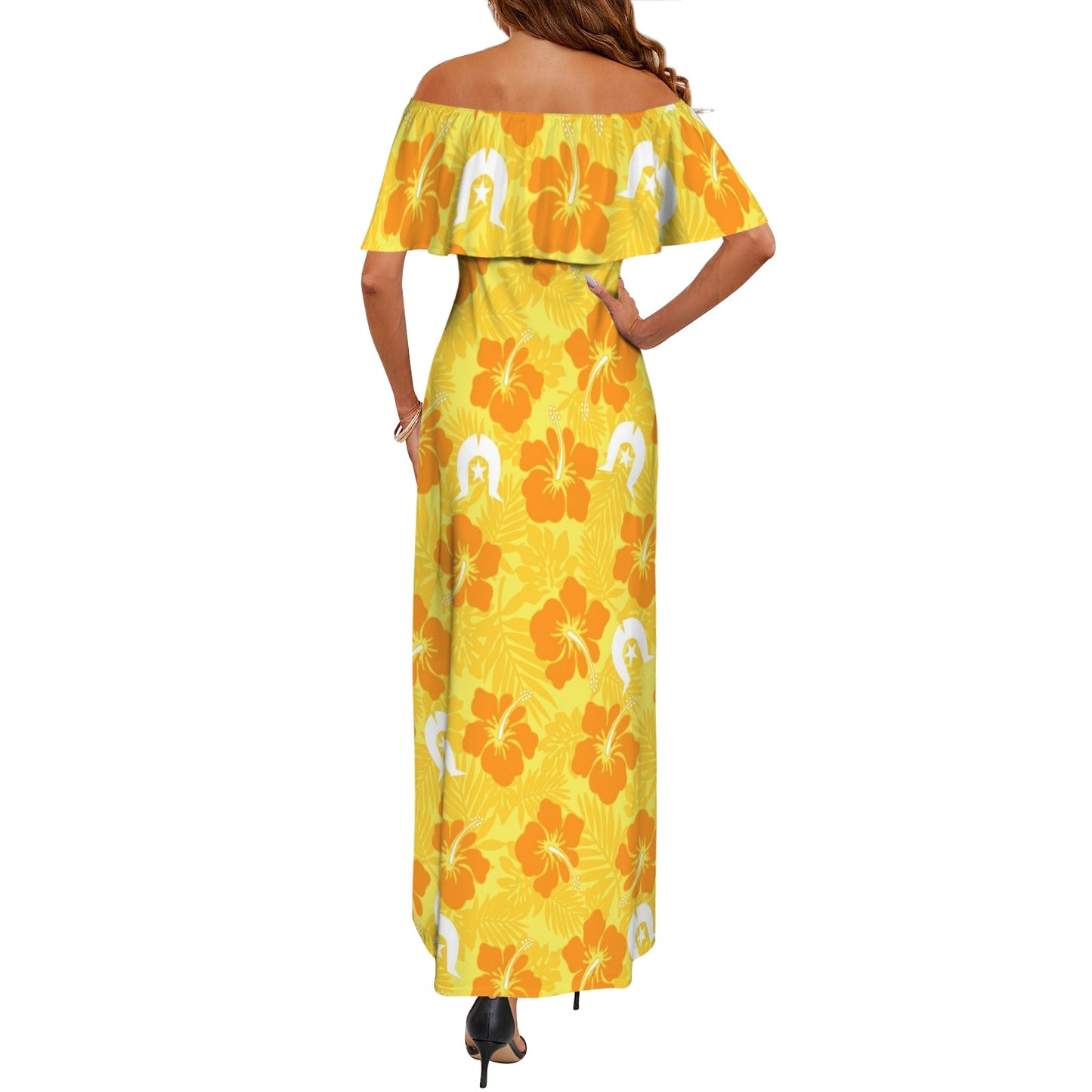 Hibiscus flowers with Dhari (Gold) on Women's Off Shoulder Ruffle Boat Neck Dress