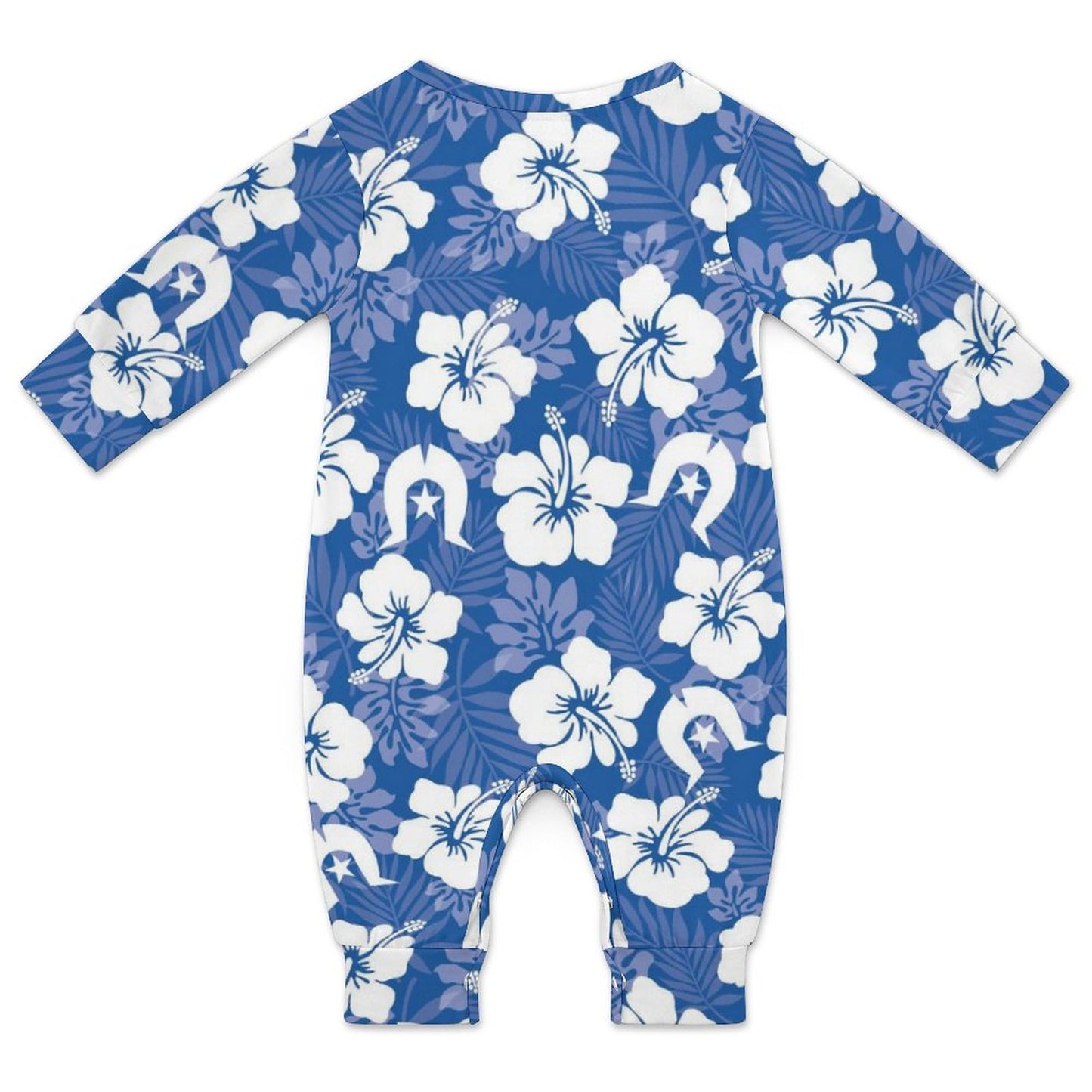 White Hibiscus and Dhari (Blue) on Baby Romper