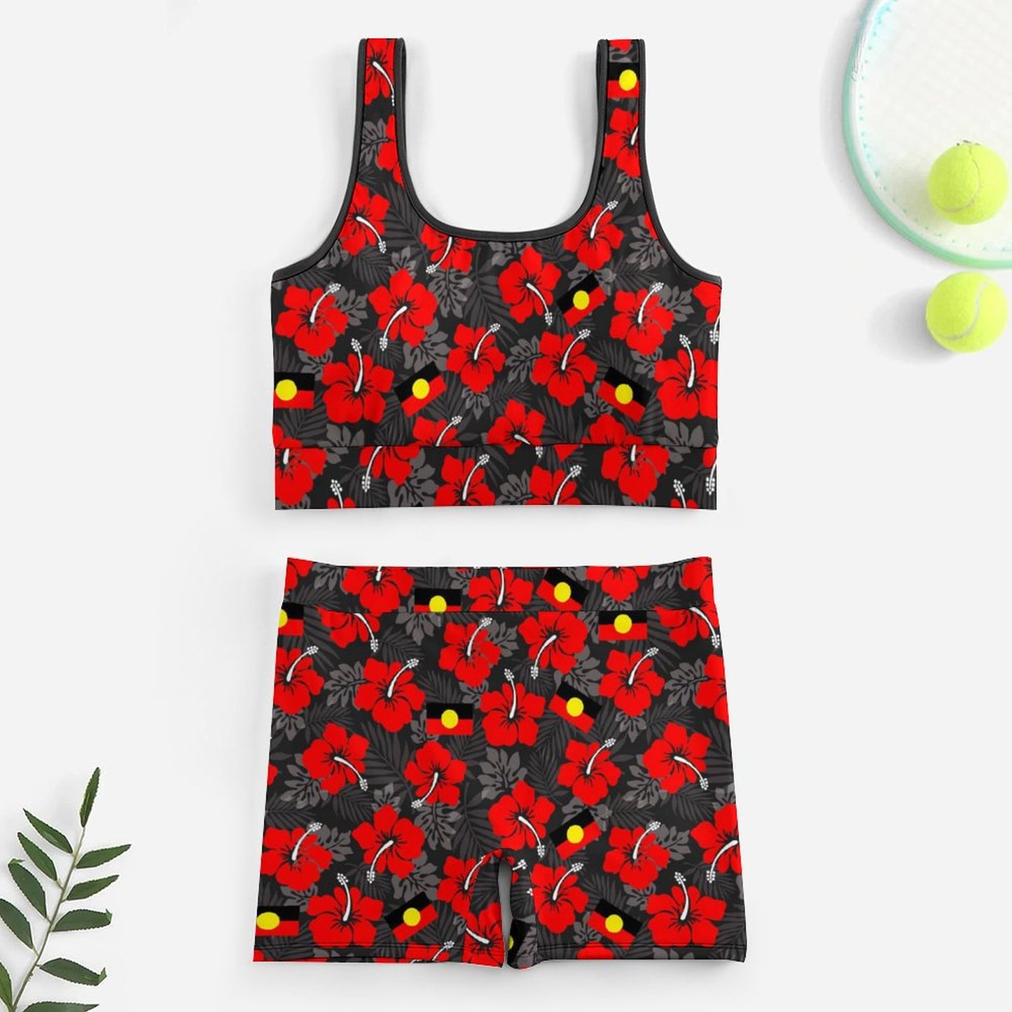 Royal Red Hibiscus with Aboriginal Flag on Yoga Workout Outfits