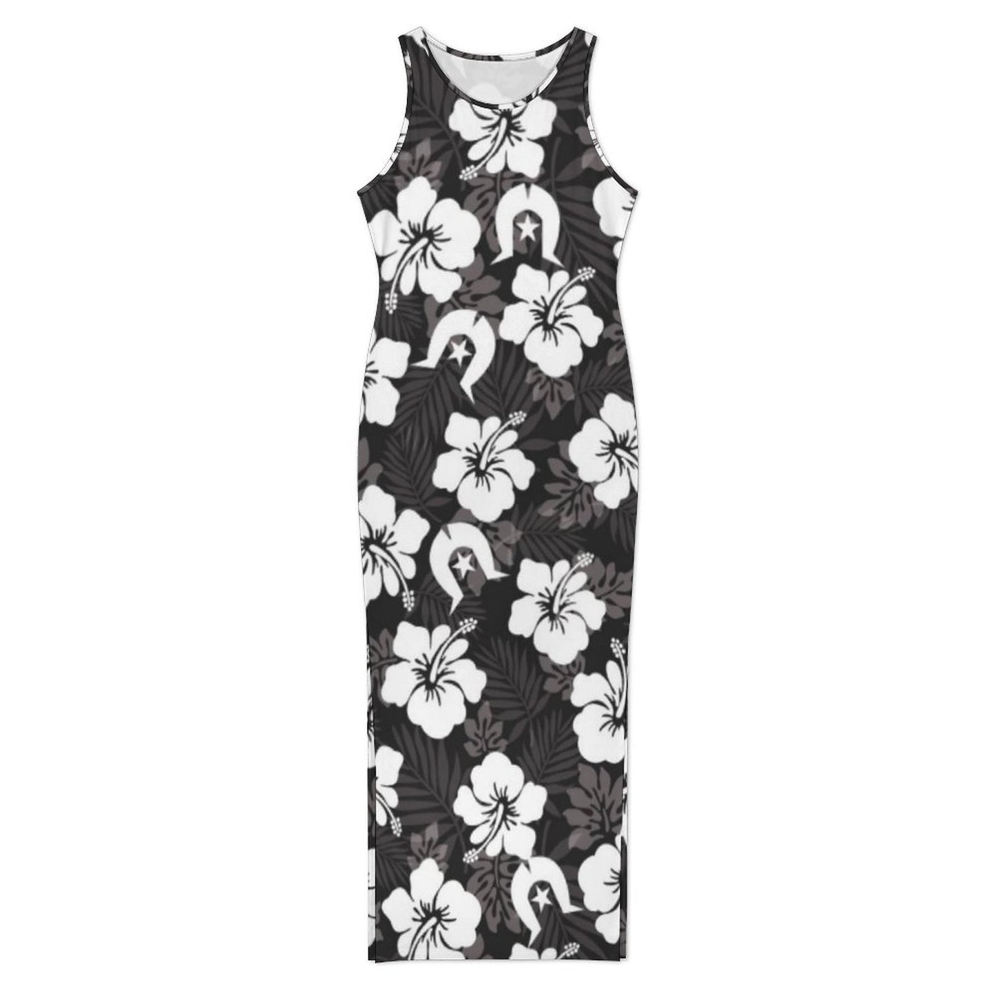 White Hibiscus and Dhari (Black) on 180gsm Slit Fitted Camisole Cheongsam