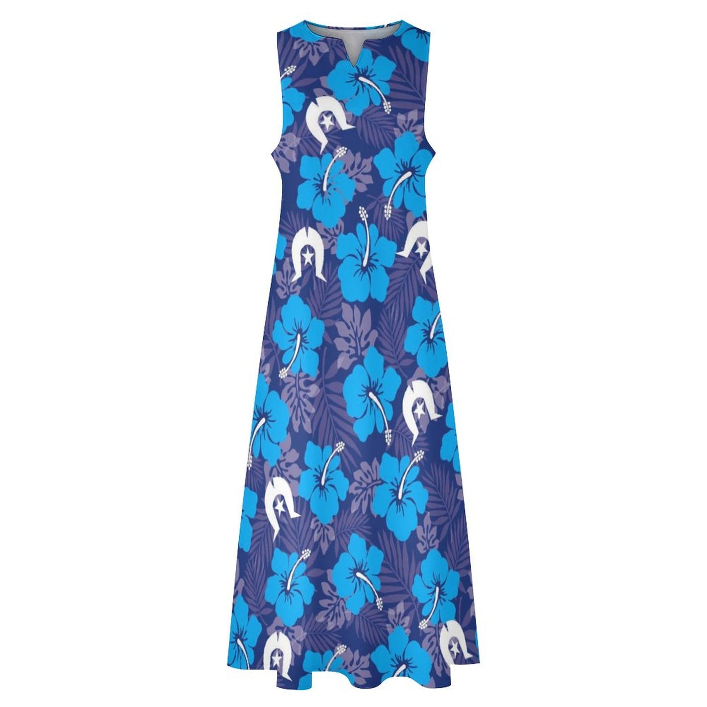 Hibiscus flowers with White Dhari (Royal blue) on Sleeveless Ankle-length Dress
