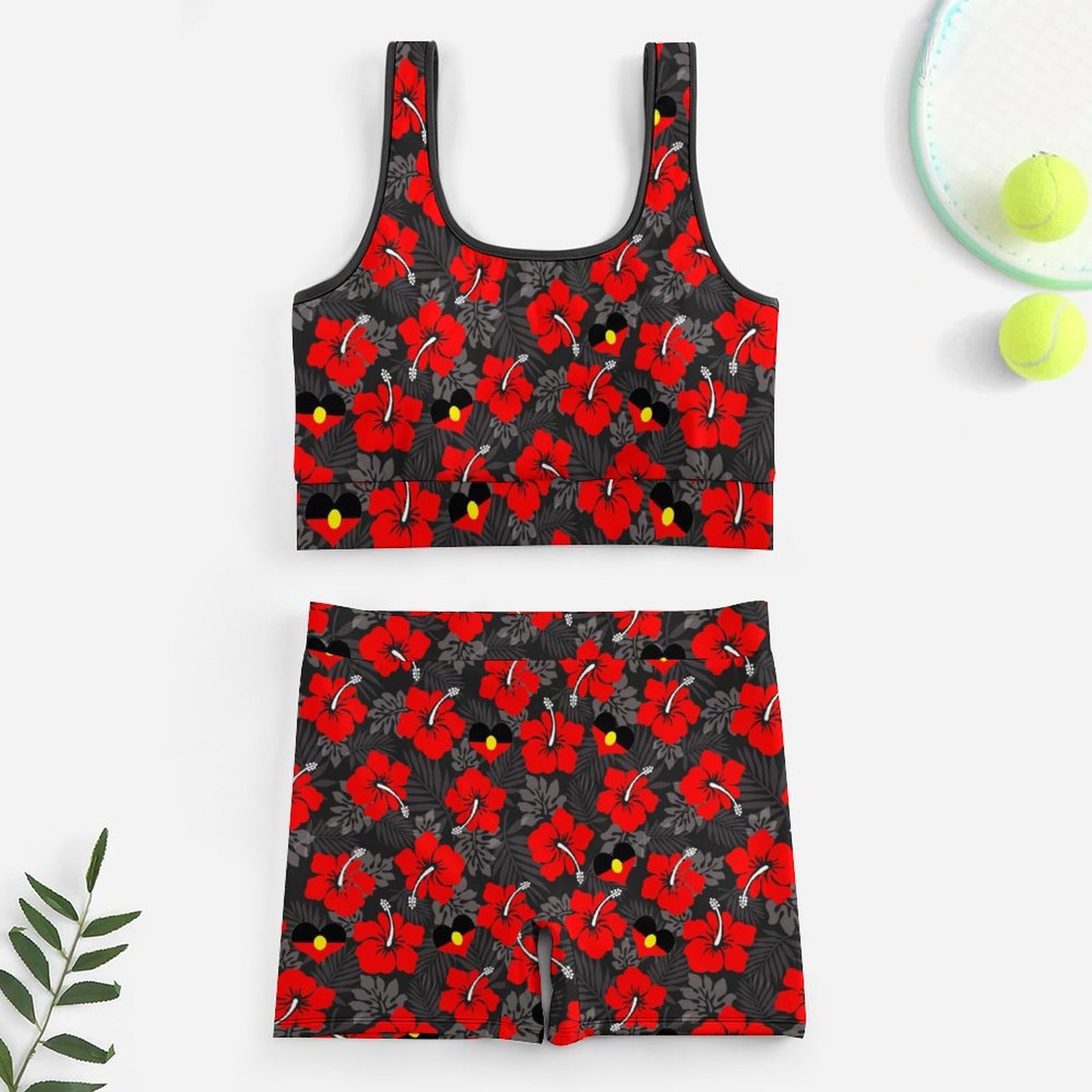 Royal Red Hibiscus and heart shaped Aboriginal flag on Yoga Workout Outfits