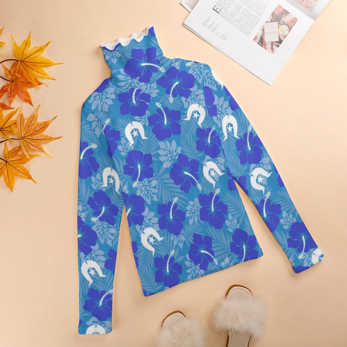 Hibiscus flowers with Dhari (Royal blue) on Women Long Sleeve Turtleneck Sweater