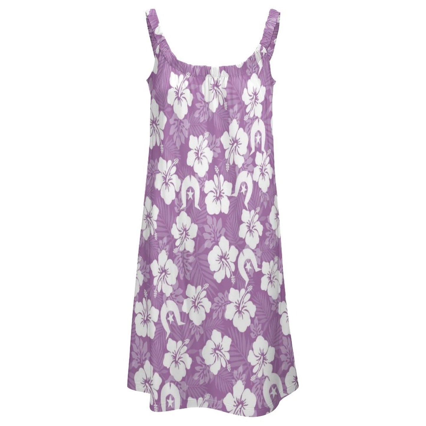 White Hibiscus flowers with Dhari (Purple) on Sleeveless Dress