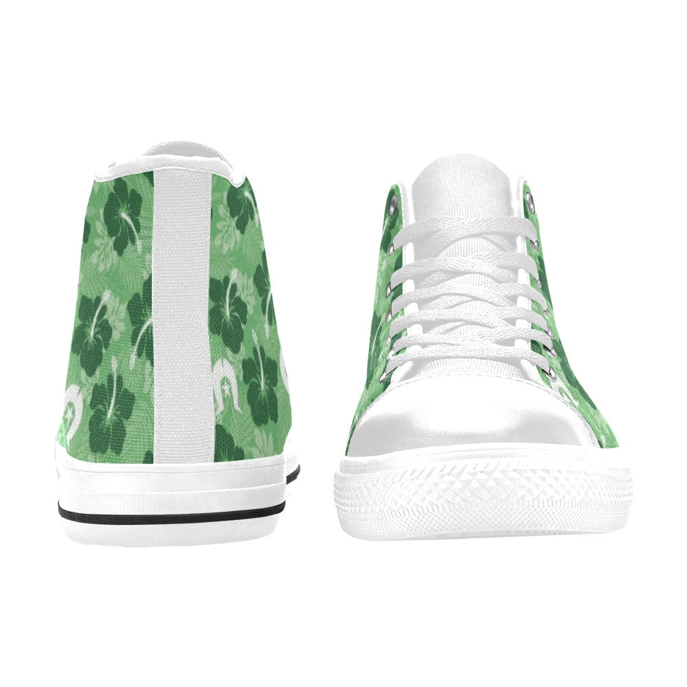 Hibiscus flowers with White Dhari (Sea Grass Green) on Women's High Top Canvas Shoes