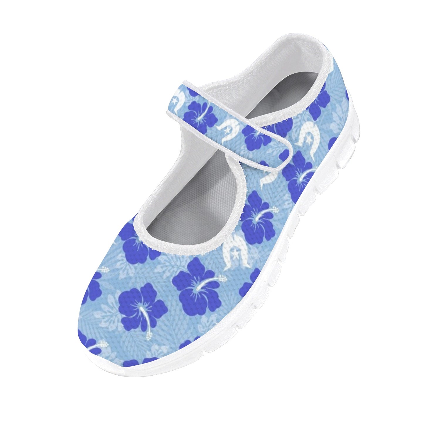 Hibiscus flowers with White Dhari (Sky blue) on  Women's Mary Jane Shoes