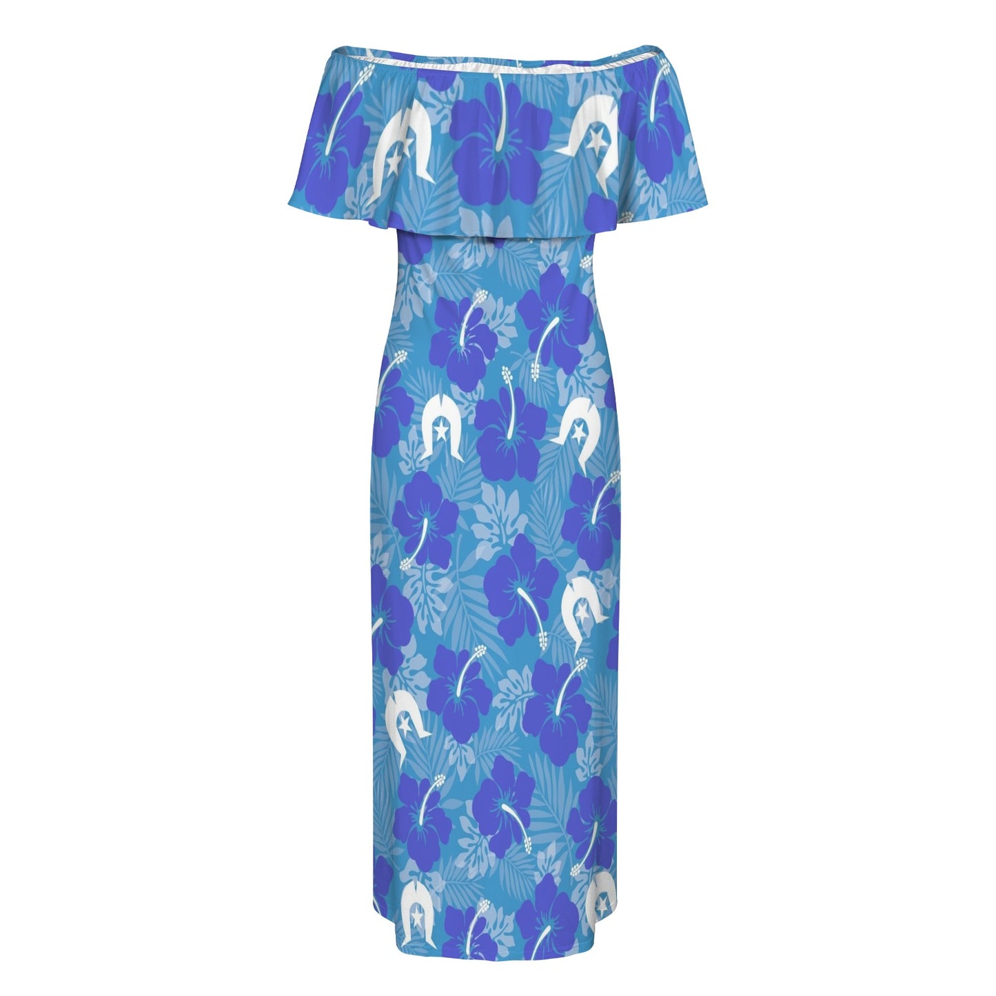 Hibiscus flowers with Dhari (Royal blue) on Women's Off Shoulder Ruffle Boat Neck Dress