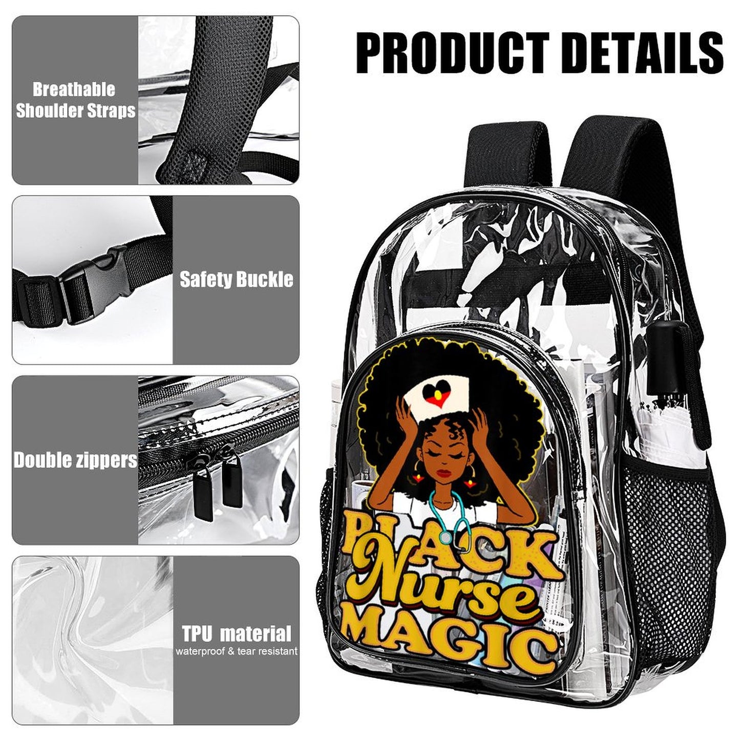 Black Nurse Magic with heart shaped Aboriginal flag on Clear Backpack