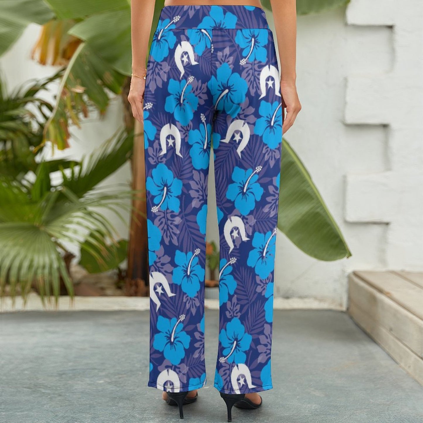 Hibiscus flowers with White Dhari (Royal blue) on Baggy Pants for Women