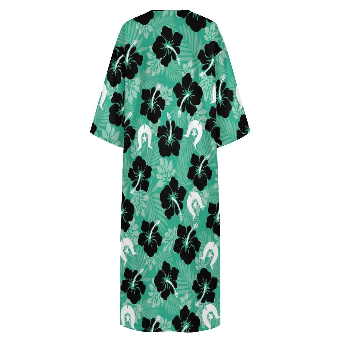 Black Hibiscus with White Dhari on Mediterranean Style V Neck Mid-Sleeve Robe