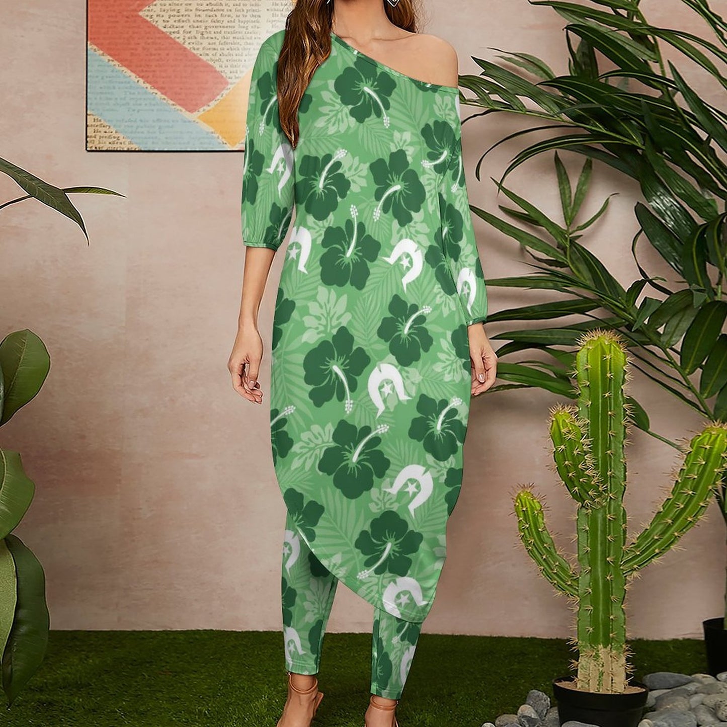 Hibiscus flowers with White Dhari (Sea Grass Green) on Diagonal Shoulder Two Piece Set