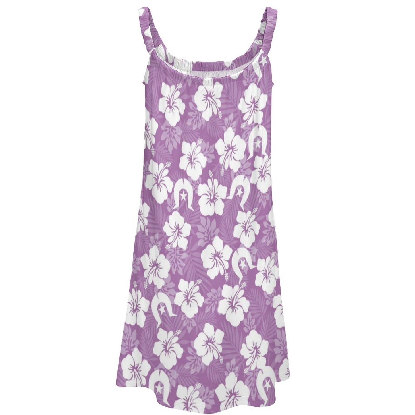 White Hibiscus flowers with Dhari (Purple) on Sleeveless Dress