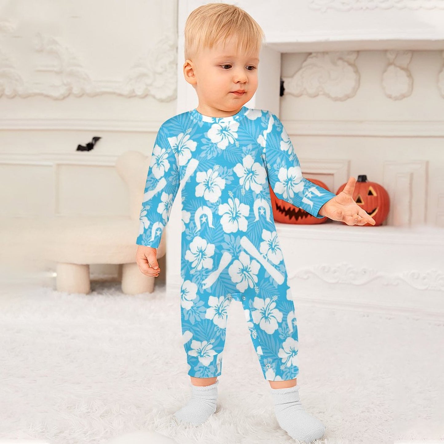 White Hibiscus flowers, Warup and Dhari on Baby Romper