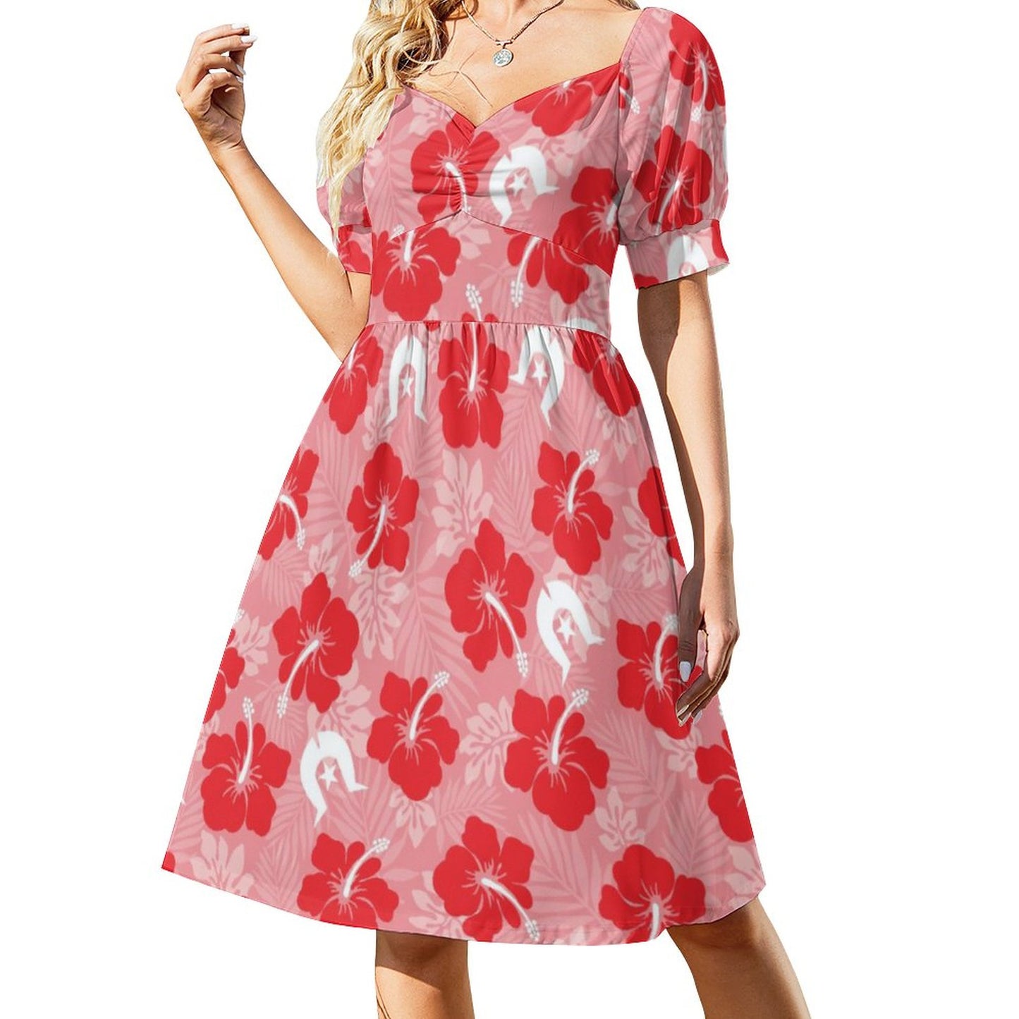 White Hibiscus flowers with Dhari (Red) on Short Sleeve V Neck Lovely Dress