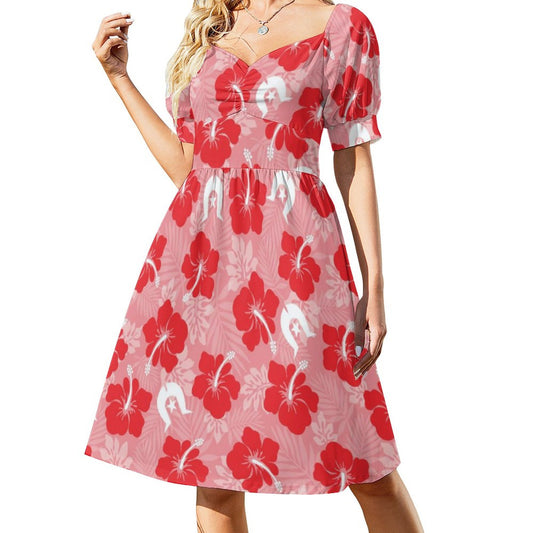 White Hibiscus flowers with Dhari (Red) on Short Sleeve V Neck Lovely Dress