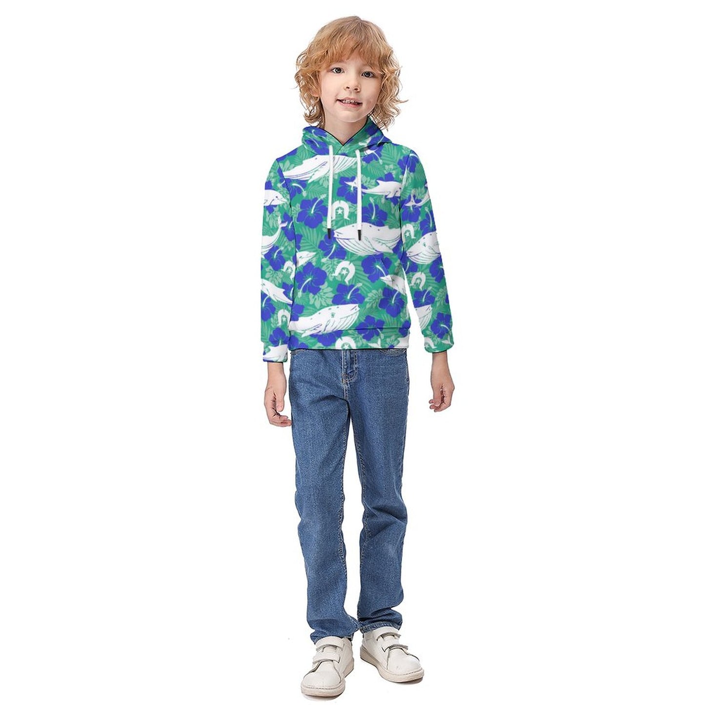 Royal Blue Hibiscus flowers with Whale, Dolphin and Dhari on Children's Hoodie