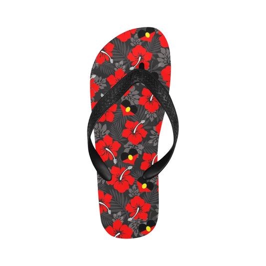 Royal Red Hibiscus and heart shaped Aboriginal flag on Flip Flops (For both Men and Women)