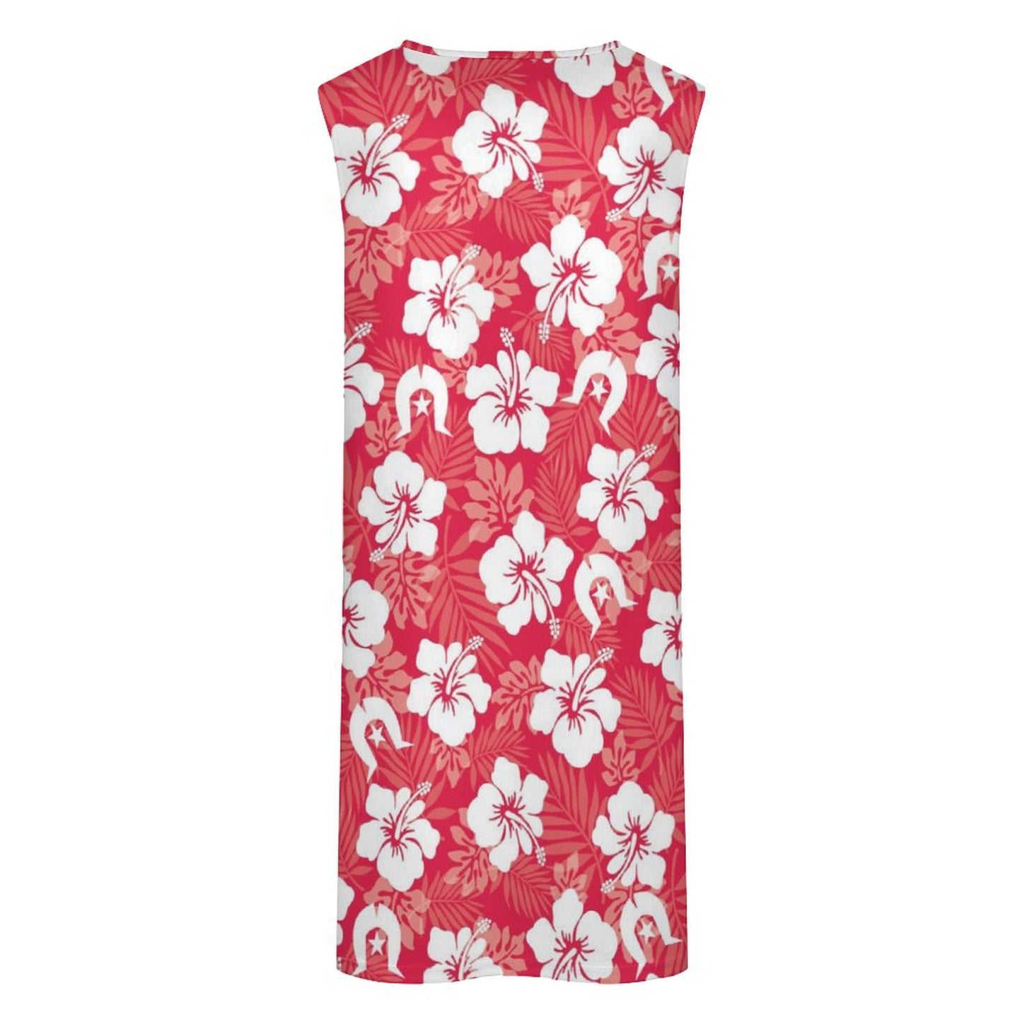 White Hibiscus flowers with Dhari (Red) on  Sleeveless Pocket Dress