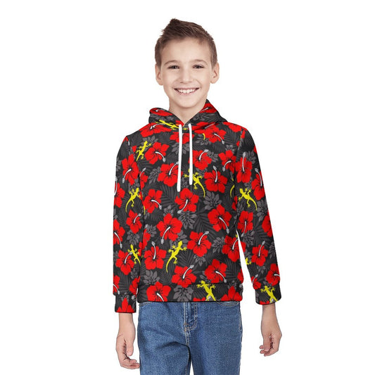 Royal Red Hibiscus flowers with Gecko on Youth's Hoodie