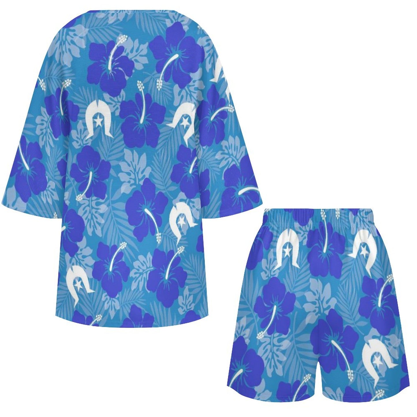 Hibiscus flowers with White Dhari (Royal blue) on Mediterranean Style V-Neck Suit