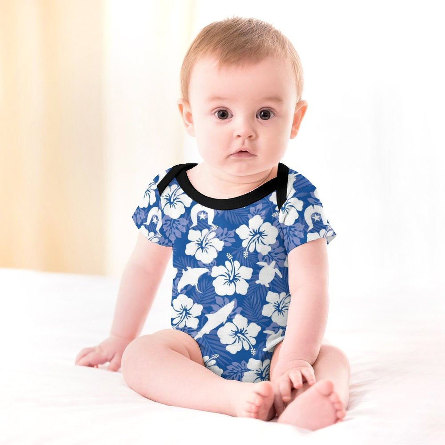 White hibiscus flowers with Dhari, Shark, turtle, and stingray on Faux Cotton Short Sleeve Baby Romper