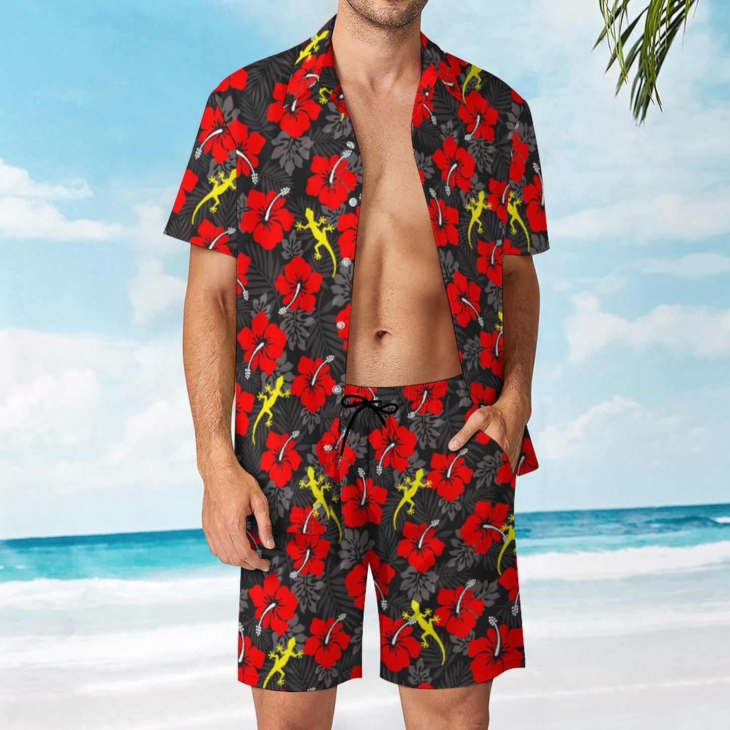 Royal Red Hibiscus flowers with Gecko on Hawaiian Suits for Men