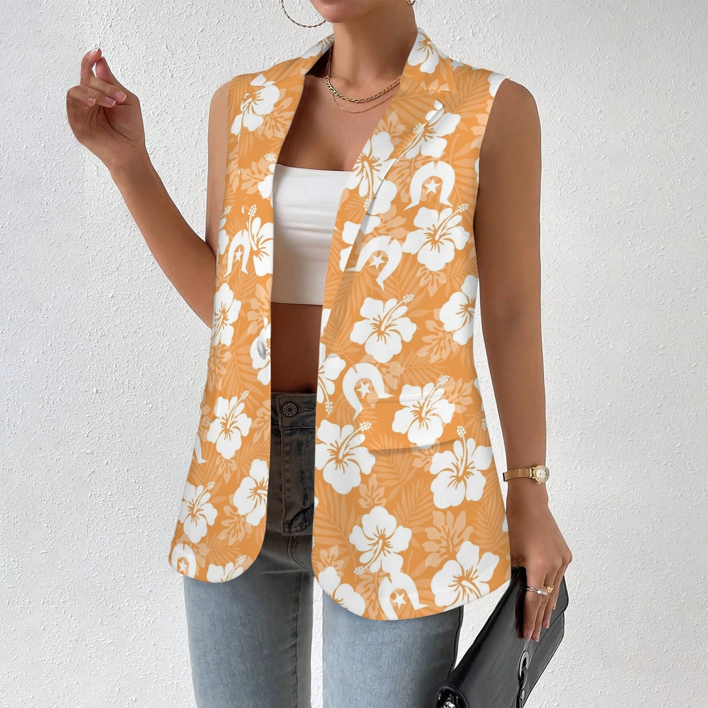 White Hibiscus flowers with Dhari (Orange) on Women Sleeveless Suit Vest
