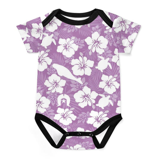 White Hibiscus flowers with Dugong, Turtle and Dhari on Faux Cotton Short Sleeve Baby Romper