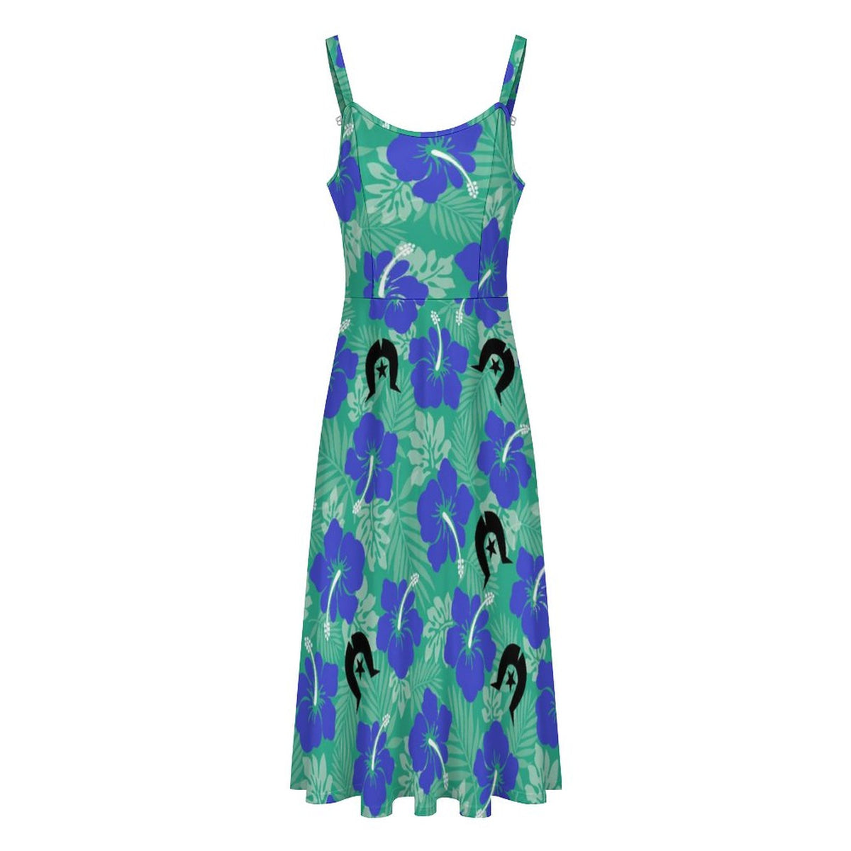 Royal Blue Hibiscus flowers with Black Dhari on Midi Spaghetti Strap Dress