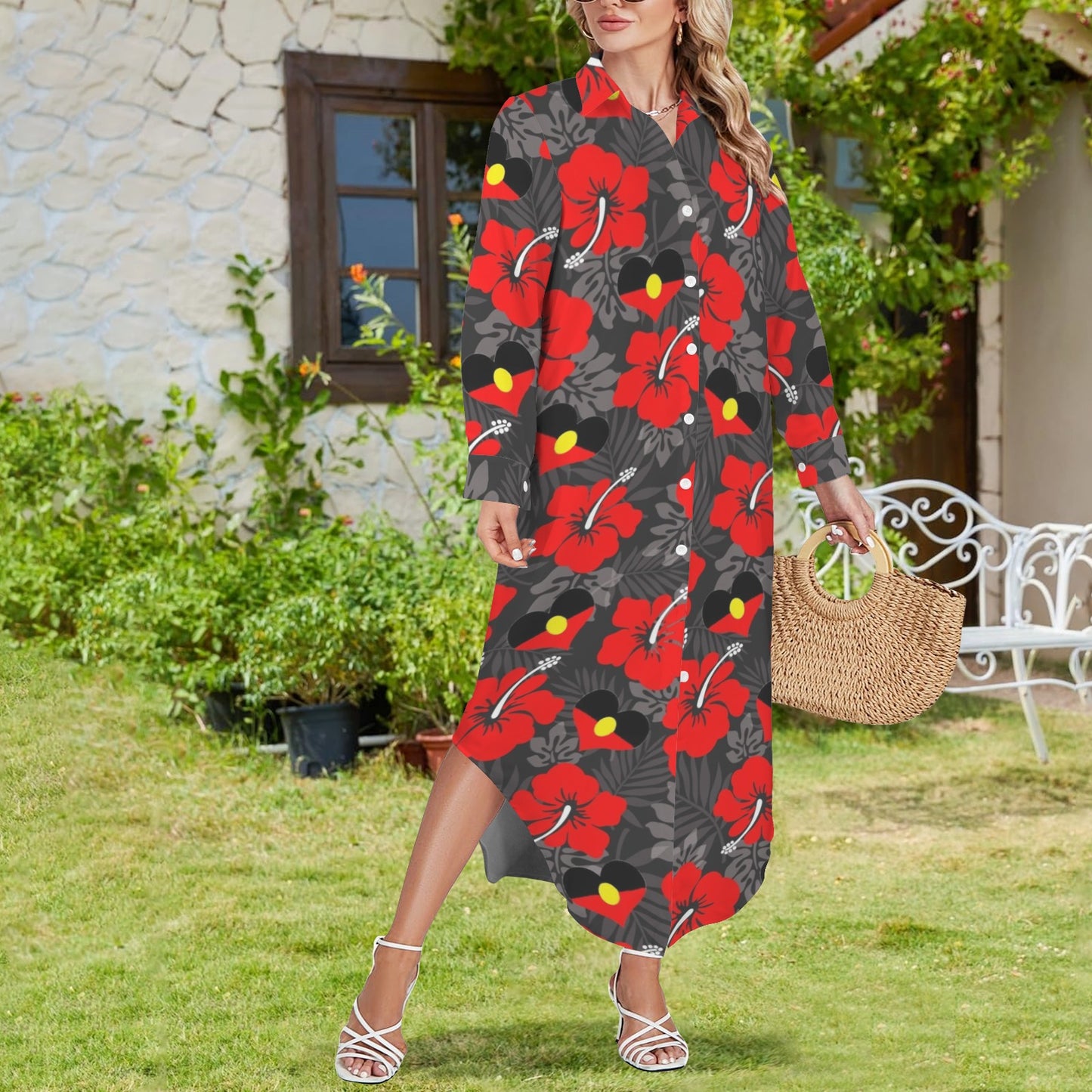 Red Hibiscus flowers with Aboriginal Heart-shaped flag on Button Long Sleeve Shirt Dress