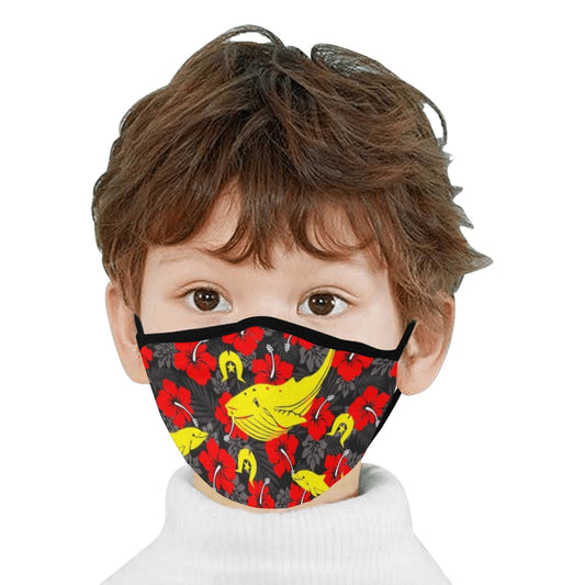Royal Red Hibiscus with Yellow Dhari, Whale and Dolphin on Fabric facemask (30 PCS Filters Included)
