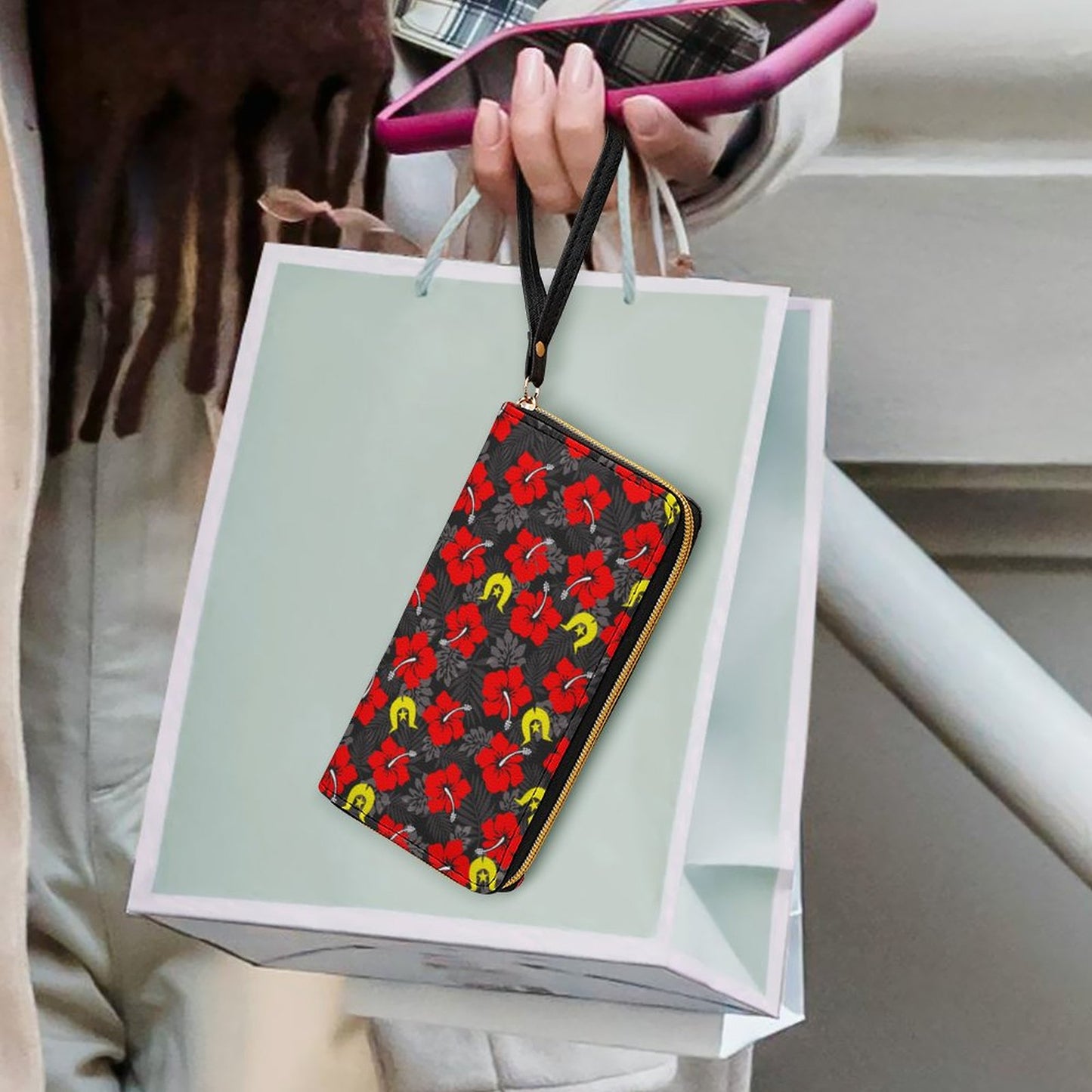 Royal Red Hibiscus with Yellow Dhari on Leather Wallet with Wristlet Strap (2 Pictures on 2 Sides)