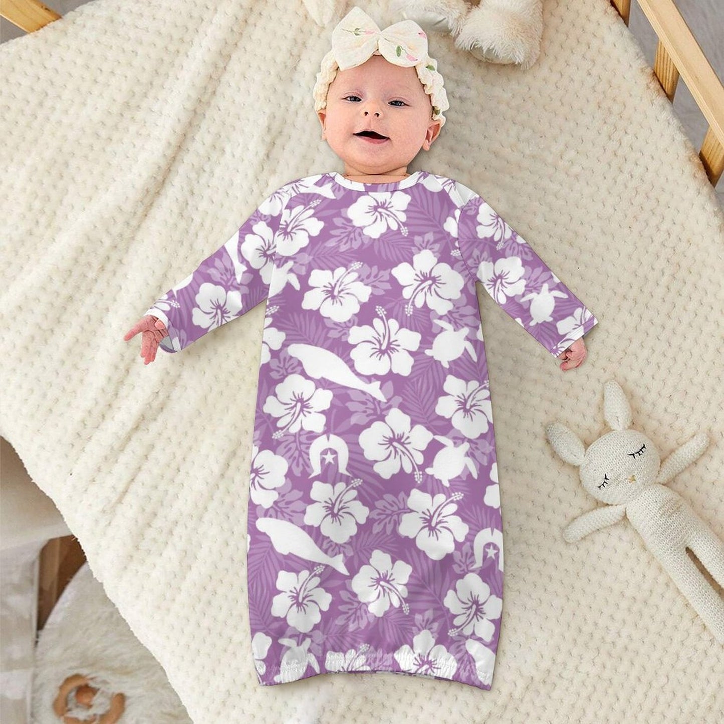 White Hibiscus flowers with Dugong, Turtle and Dhari on  Baby Faux Cotton Sleeper Gown