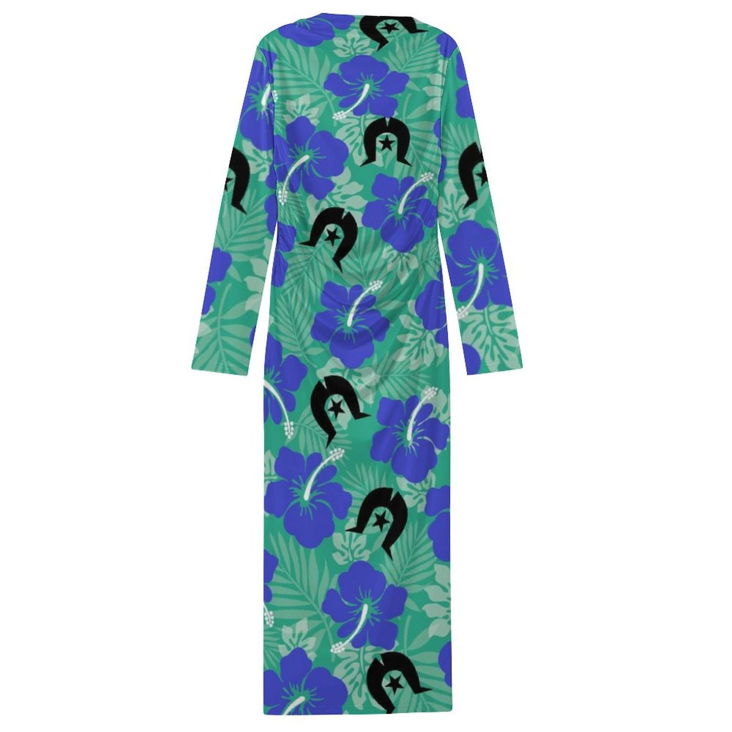 Black Hibiscus with White Dhari on Long-Sleeve Draped Bodycon Dress