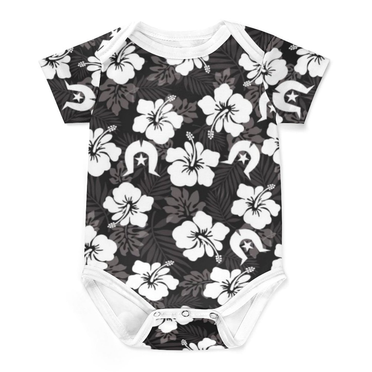 White Hibiscus and Dhari (Black) on Faux Cotton Short Sleeve Baby Romper