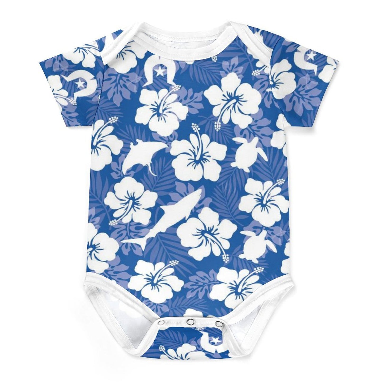 White hibiscus flowers with Dhari, Shark, turtle, and stingray on Faux Cotton Short Sleeve Baby Romper